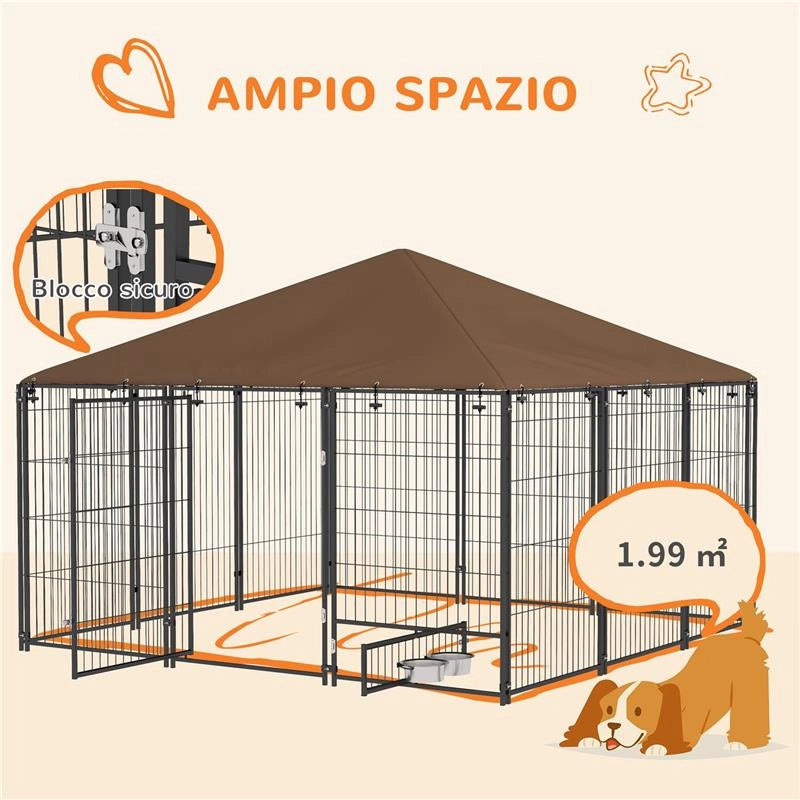 RECINTO PER CANI IN METALLO E TESSUTO OXFORD CON PORTICINA PER CIOTOLE, 211X211X151 CM, NERO E MARRONE