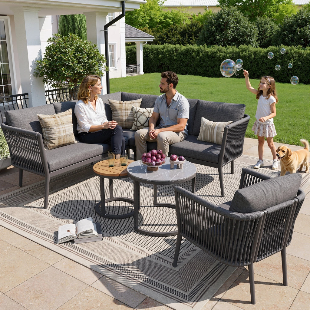 Mobili da Giardino con 2 Divani; 1 Poltrona; 1 Divano Angolare e 2 Tavoli; Metallo e Olefin; Grigio