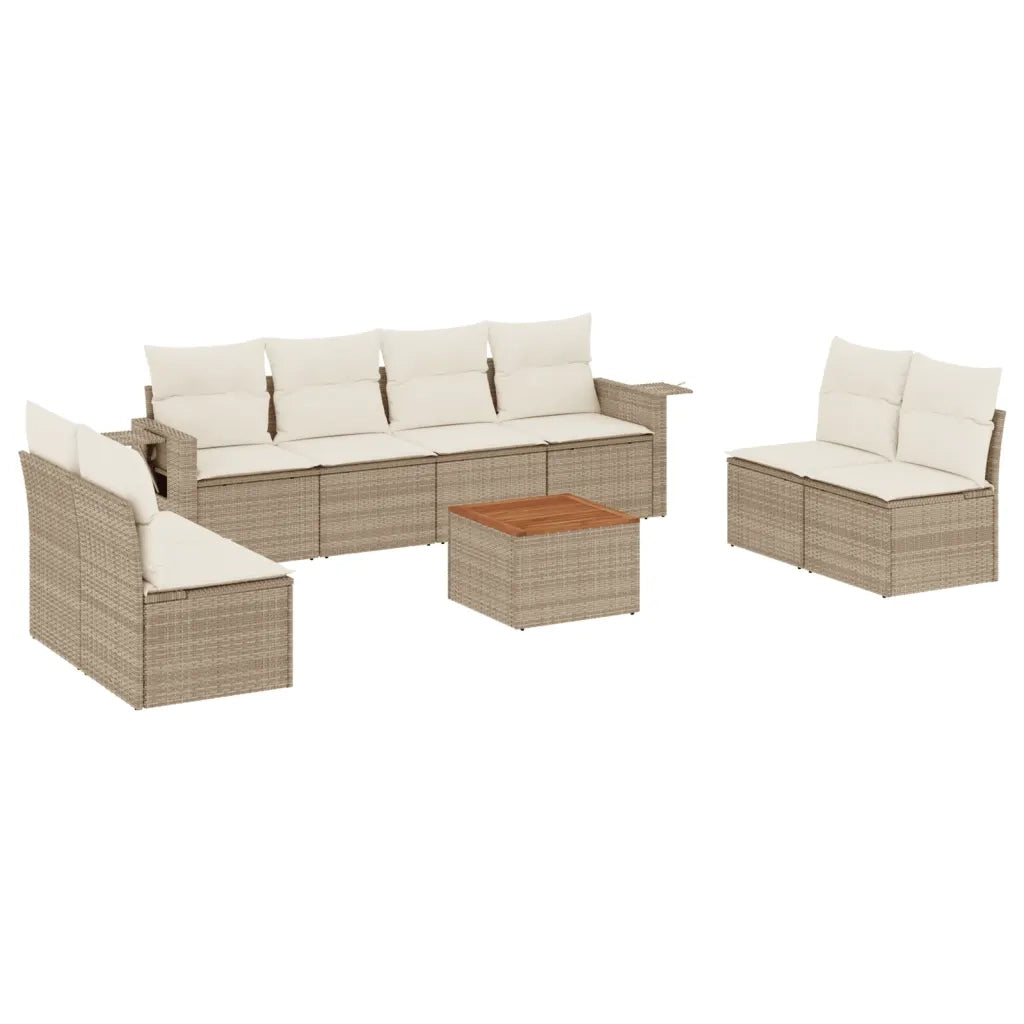 Set Divano da Giardino 9 pz con Cuscini Beige in Polyrattan