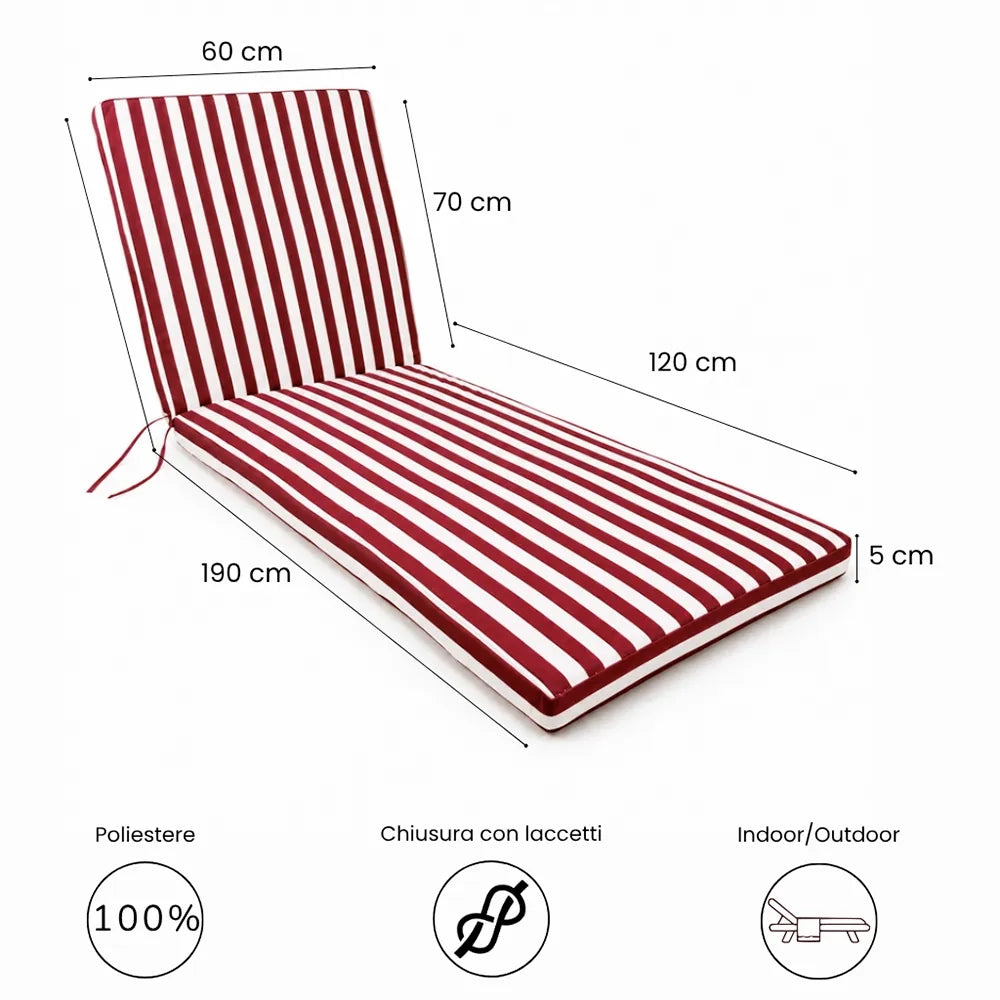 Cuscino per lettino da esterno 190x60 cm a righe con schienale reclinabile e laccetti in poliestere – Bordeaux/Bianco