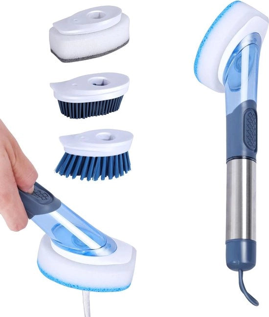 Spazzola per piatti con dispensatore detersivo, spazzola di pulizia con 4 testine di ricambio diverse, spazzola di pulizia per cucina con manico in acciaio da 27 cm per servizio, pentole, lavello da cucina pulizia
