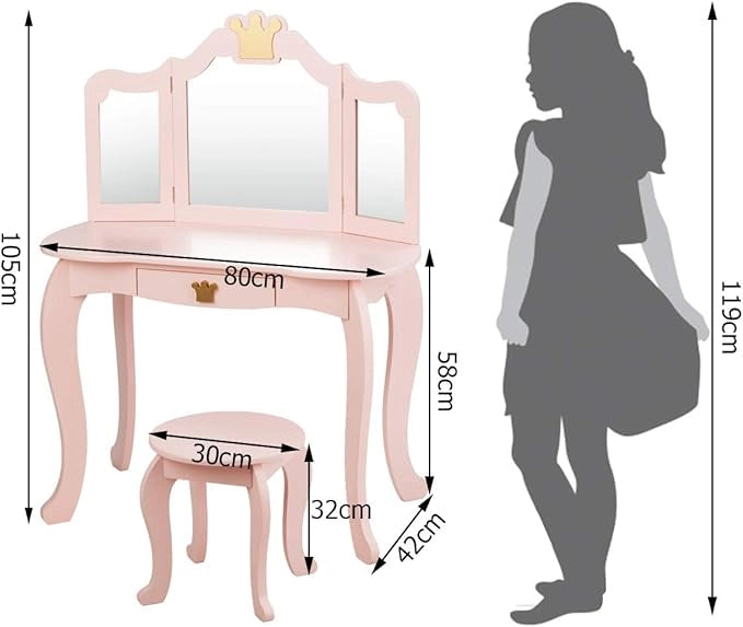Toeletta Trucco per Bambina Staccabile, Specchiera per Ragazza in Legno con Sgabello e Cassetto, Postazione Trucco 2 in 1 per Cameretta e Cmera da Letto, 80x42x105cm (ROSA)