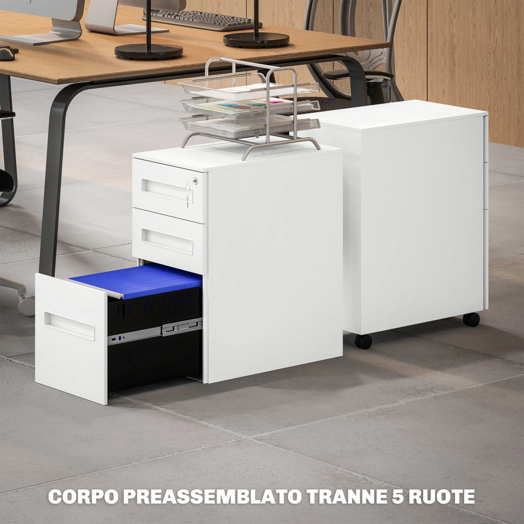 Cassettiera Schedario Portadocumenti 30x43,5x60 cm a 5 Ruote in Acciaio Bianco