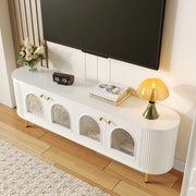 OKWISH Mobile TV con 4 Ante in Vetro, Passacavi e Cerniere Ammortizzate, per Soggiorno, MDF, 170 x 35 x 55 cm, Bianco e Oro