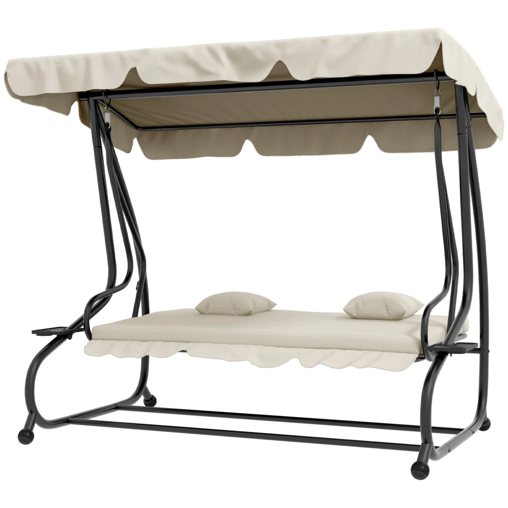 Dondolo Letto da Giardino con Tettuccio Regolabile e Vassoi, in Acciaio e Teslin, 200x120x164 cm, Crema