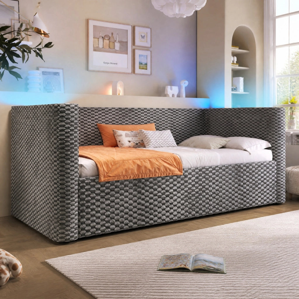 Divano letto daybed 90x200 cm in velluto grigio con illuminazione LED e contenitore idraulico