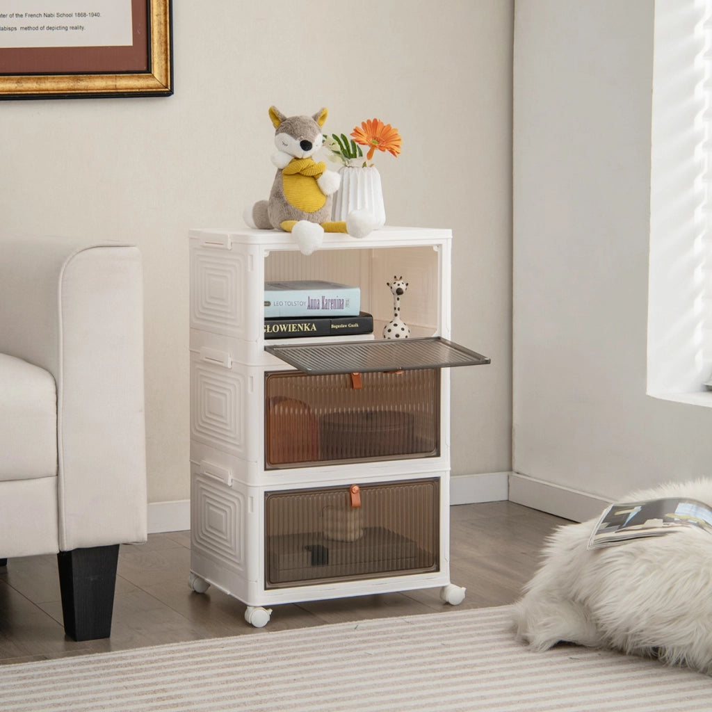 Scarpiera pieghevole a 3 piani con porte magnetiche ruote bloccabili, Mobile scarpe impilabile Bianco 40x27,5x64cm-Scarpiere