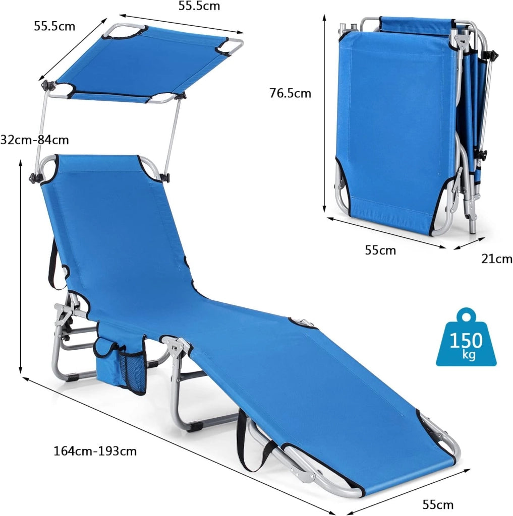 Sedia da Giardino Sdraio Pieghevole Regolabile in 5 Posizioni, Lettino da Sole Reclinabile, Ergonomia con Parasole e Tasca Portaoggetti Laterale, Poltrona da Giardino, 3 Colori (Blue)