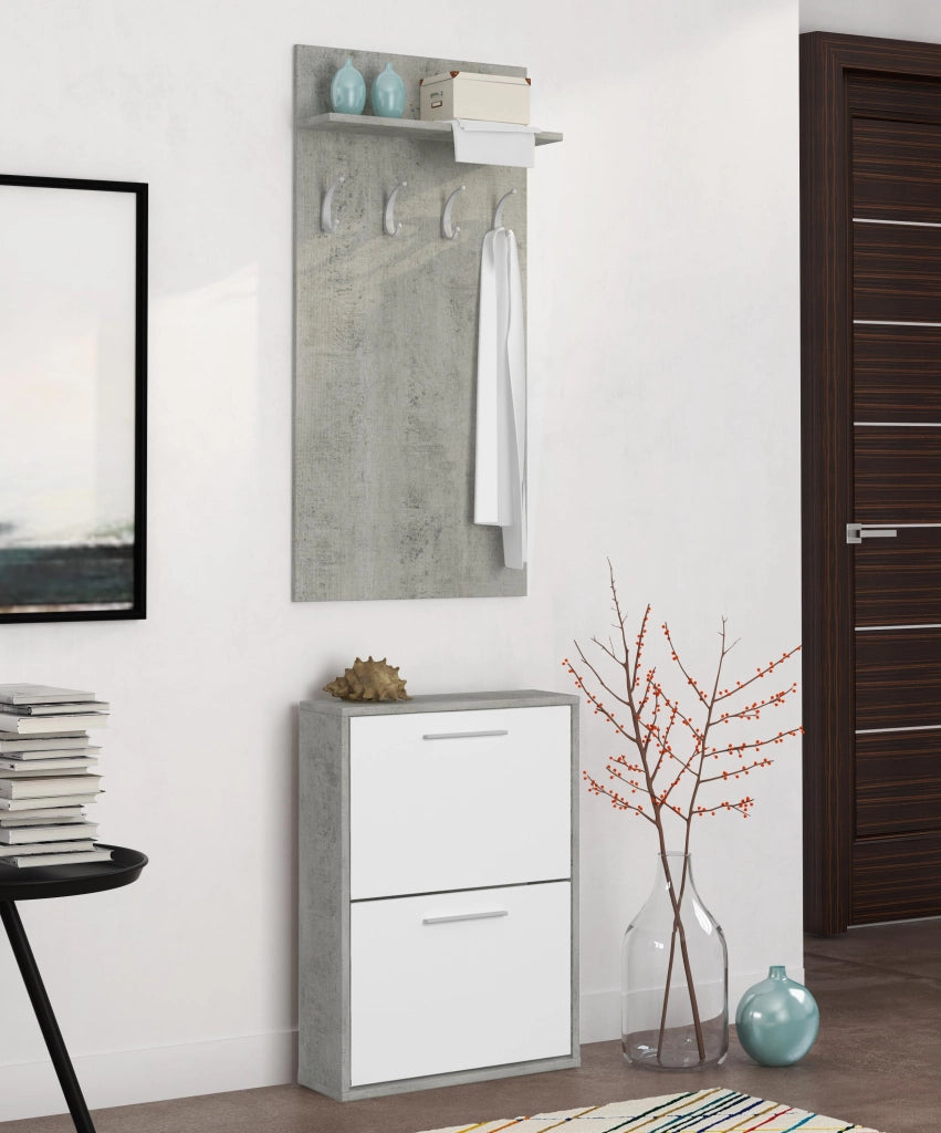 Set Ingresso Salvaspazio con Scarpiera 2 Ribalte e Appendiabiti da Parete con Mensola Mobile Ingresso Moderno Soggiorno Portascarpe Giacche 54 x 73 x 18 Cm Bianco E Grigio Cemento