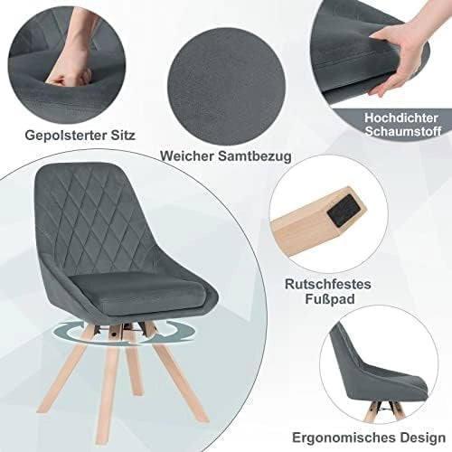 Set 8 Sedie per Sala da Pranzo Girevoli, Sedie da Cucina con Gambe in Faggio, Sedie in Velluto, Seduta Imbottita, per Camera da Letto, Soggiorno, Grigio Scuro, BH359dgr-8