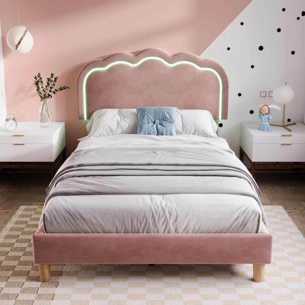 Letto Singolo 90 x 200 cm; Letto con Testiera Regolabile e LED; senza Materasso; in Velluto; Rosa