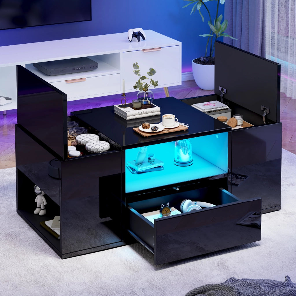 TAVOLINO DA SALOTTO 100 x 50 x 40 cm Nero lucido con LED
