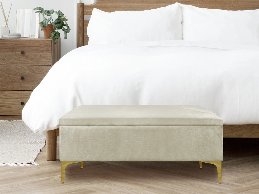 Pouf Panca Imbottita Divanetto In Velluto Contenitore PortaOggetti Panca Sgabello A Pie Di Letto Con Gambe In Metallo Dorato Cassapanca Ingresso Legno Massello Panchina  - Beige