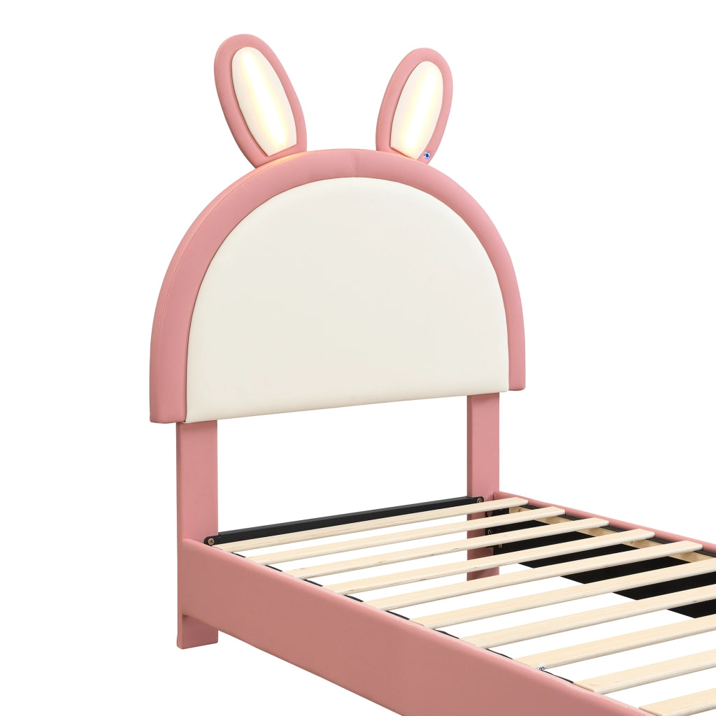DESMIU Letto bambino 90 × 200 cm con LED, testiera a coniglio, senza materasso, in PU, rosa