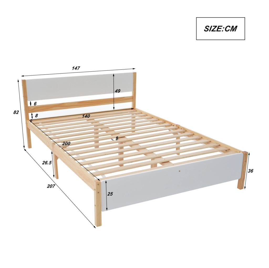 Letto matrimoniale 140x200 cm bianco e naturale con doghe