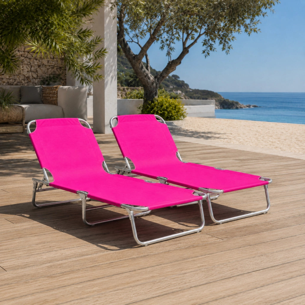 Coppia Di Lettini Sdraio Pieghevoli Prendisole Senza Tettuccio Schienale Regolabile Reclinabile Struttura In Metallo Per Piscina Mare Spiaggia Giardino 187 x 53 x 24 Cm Rosa