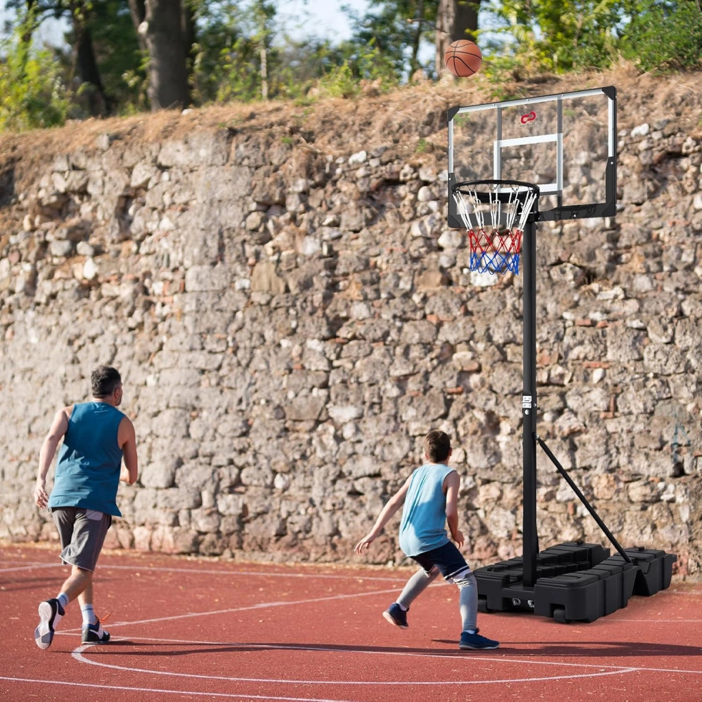 Canestro da Basket da Esterno ed Interno, Canestro da Basket Professionale e Pieghevole con Altezza Regolabile 230-305 cm, Tabellone in PC Infrangibile e Base Mobile con Ruote e Riempibile