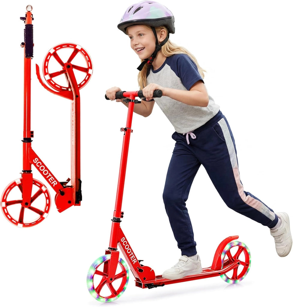 Monopattino Pieghevole con Altezza Regolabile, 2 Ruote Luminose con Freno, Manubrio Regolabile, Pedana Antiscivolo, Tracolla e Cavalletto, Scooter Portata 100kg, 10+ Anni