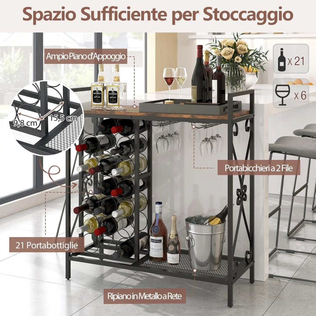 Portabottiglie da Terra per 21 Bottiglie, Portabottiglie da Vino con Supporto per Bicchieri, Piano in Legno e Mensola per Stoccaggio, Struttura Metallica，per Cucina e Bar (Marrone)