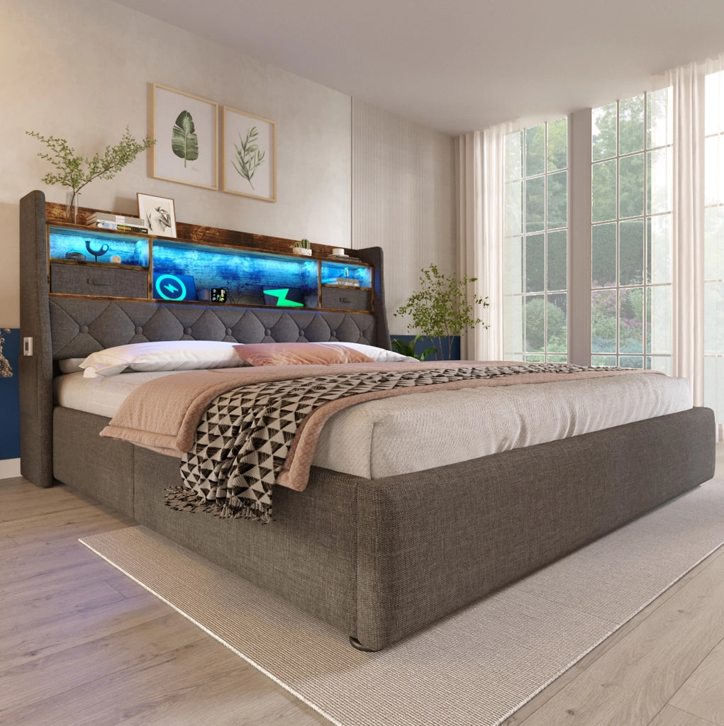 Letto matrimoniale imbottito 160x200 cm in lino grigio con contenitore; LED e presa USB/Type-C; con materasso