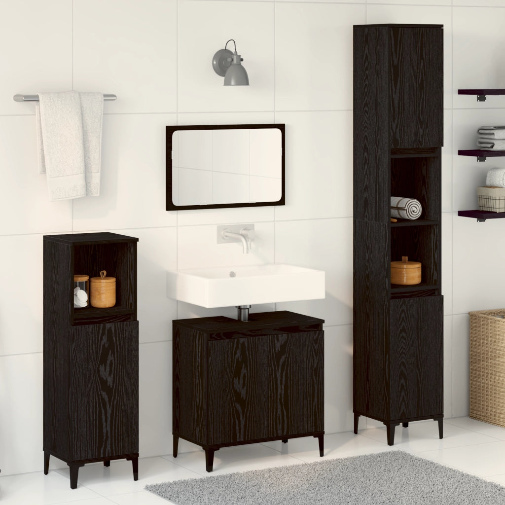 Set di Mobili per Bagno in 3 Pezzi Rovere Nero Legno Ingegnerizzato