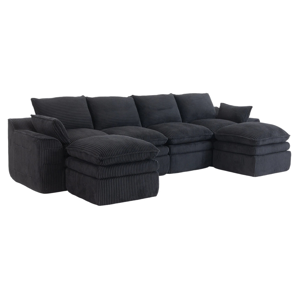 Divano modulare 4 posti in velluto a coste con cuscini e tasche laterali per soggiorno, nero 335 × 167 × 85 cm