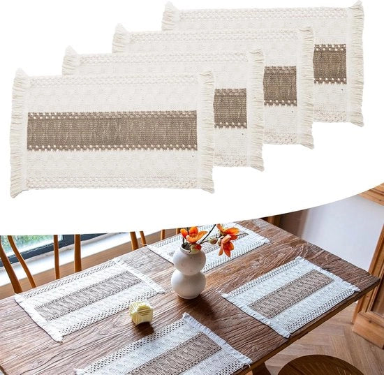 Pavoni Placemats in Tela di Lino - Set da 4 - Frange a Maglia a Mano - Lino da Stiro - Asciugamano per Pennelli - Tavola da Pranzo - Decorazione Rustica con Macramè (A)