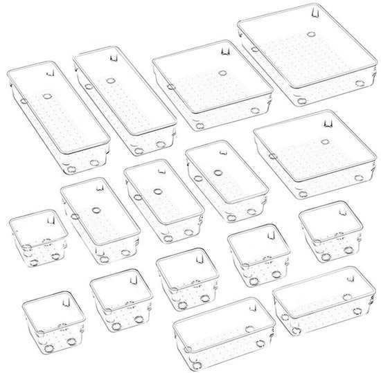 Sistema di organizzazione per contenitori con 4 misure, 16 pezzi, organizzatore in plastica trasparente per cucina, lavandino, frigorifero, forno a microonde, forno, lavastoviglie, tostapane e macchina del caffè