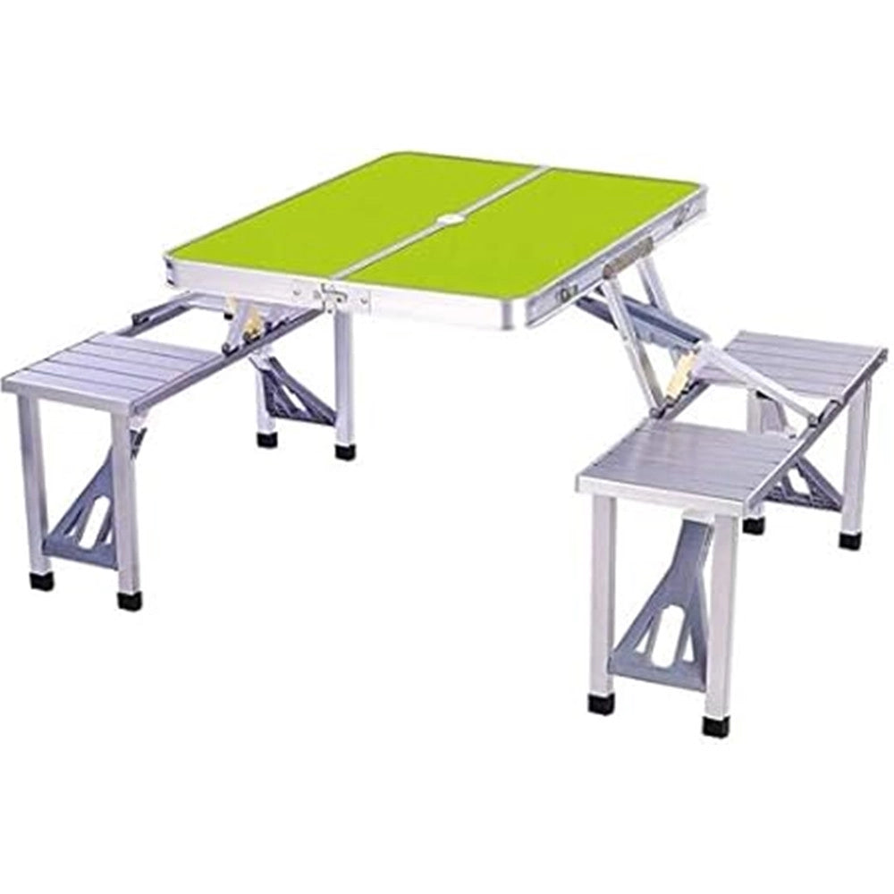 Trade Shop - Set Tavolo Pieghevole In Alluminio Pic Nic Campeggio Portatile Valigia Con Panca A 4 Posti - Verde