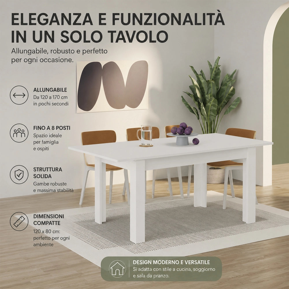 Tavolo da Pranzo 120x80 Allungabile fino a 170 cm Rettangolare in Legno Bianco