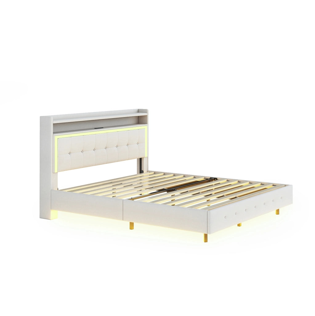 Letto matrimoniale imbottito 140x200 cm con USB e luci LED; lino beige