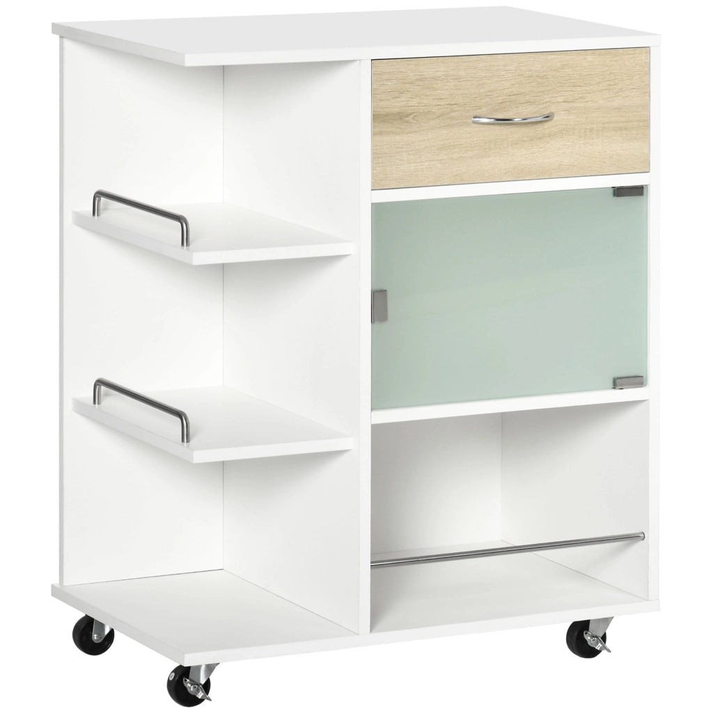 Carrello da Cucina ¨C Xylo ¨C con Cassetto Porta in Vetro Ripiani e Ruote 65x39x80 cm Naturale