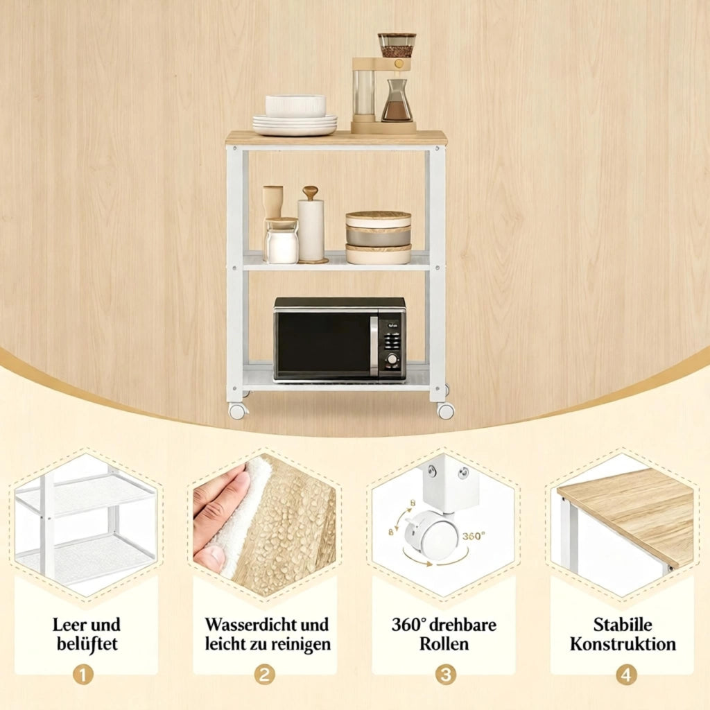 Scaffale con ripiani e ruote per cucina, metallo e legno, bianco e rovere chiaro 60×40×76 cm