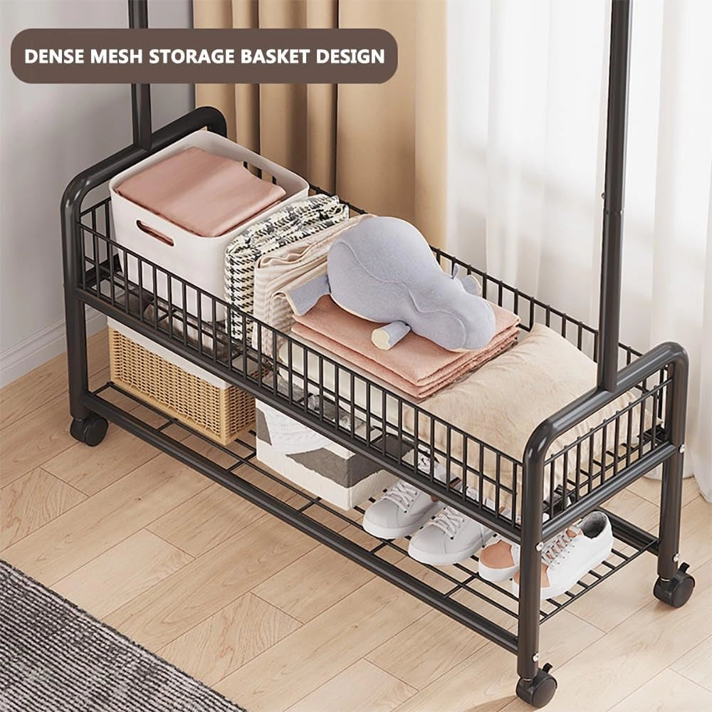 Appendiabiti Industriale con Struttura in Acciaio per riporre Le Scarpe, Ganci e Ripiani, Appendiabiti con Ruote, 90/120 cm x 35 cm x 176 cm, Organizer per corridoio, Supporta Fino a 100 kg