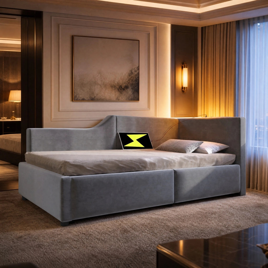 LETTO Contenitore 90x200 cm in velluto grigio con lampada da lettura e USB-C