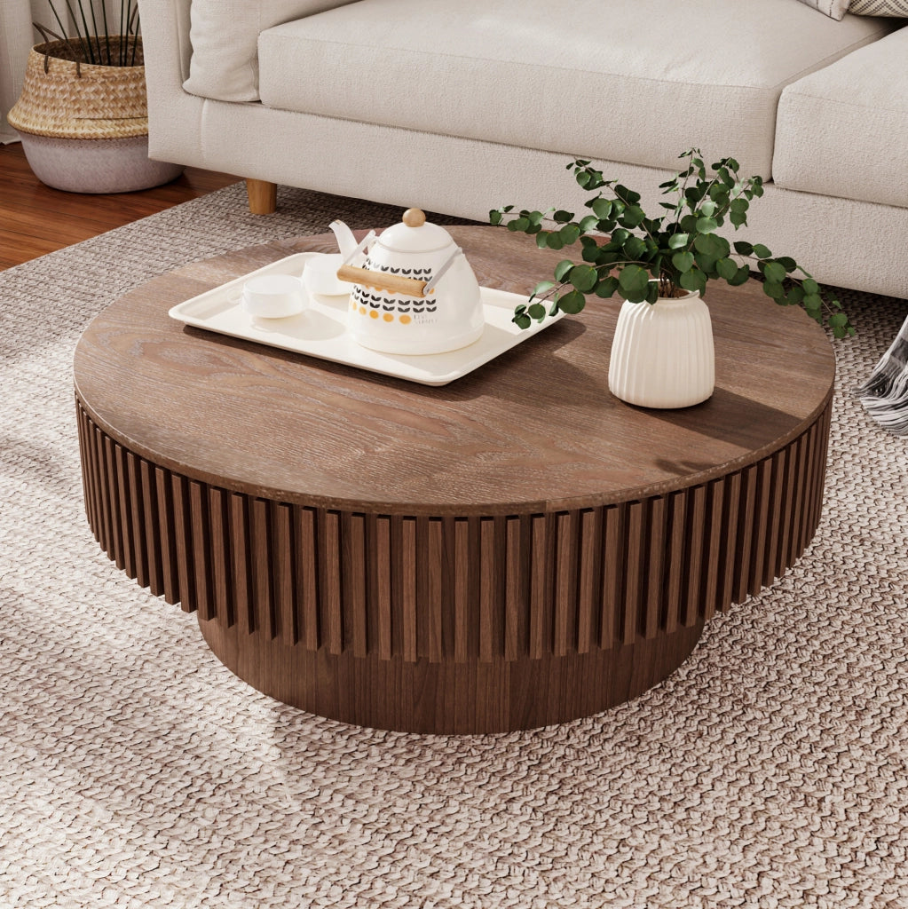 Tavolino rotondo contenitore effetto noce in MDF
