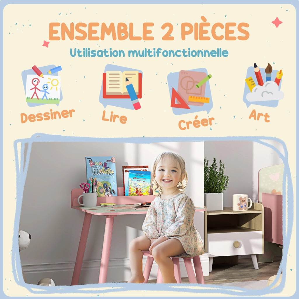 Tavolo e sedie bambini con porta-libri ¨C zephmum ¨C rosa, orsetti, 3-8 anni