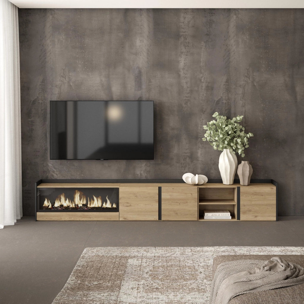 Mobile TV Soggiorno, 315x50x35 cm, Per TV fino a 80", Camino elettrico XXL, Rovere e nero