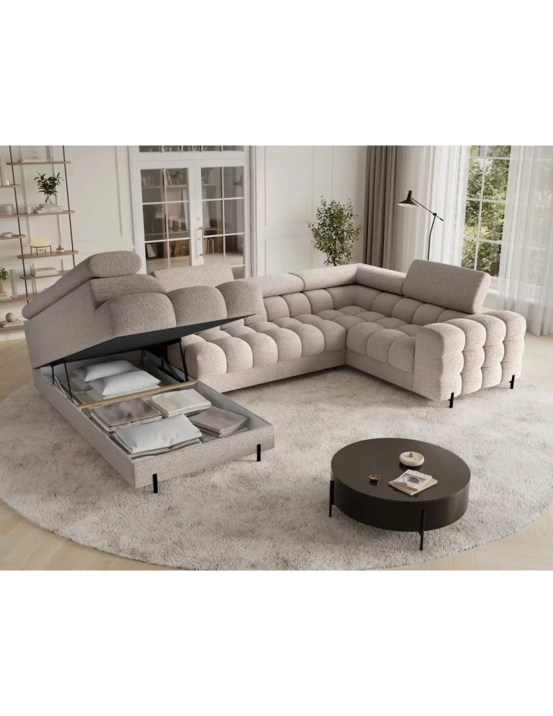 Divano panoramico convertibile FACTORY 3 posti beige – angolo sinistro con contenitore