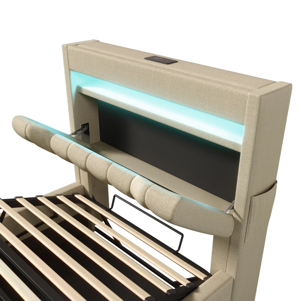 Letto singolo 90x200 cm in lino beige con LED; testiera con ricarica USB e Type-C; contenitore