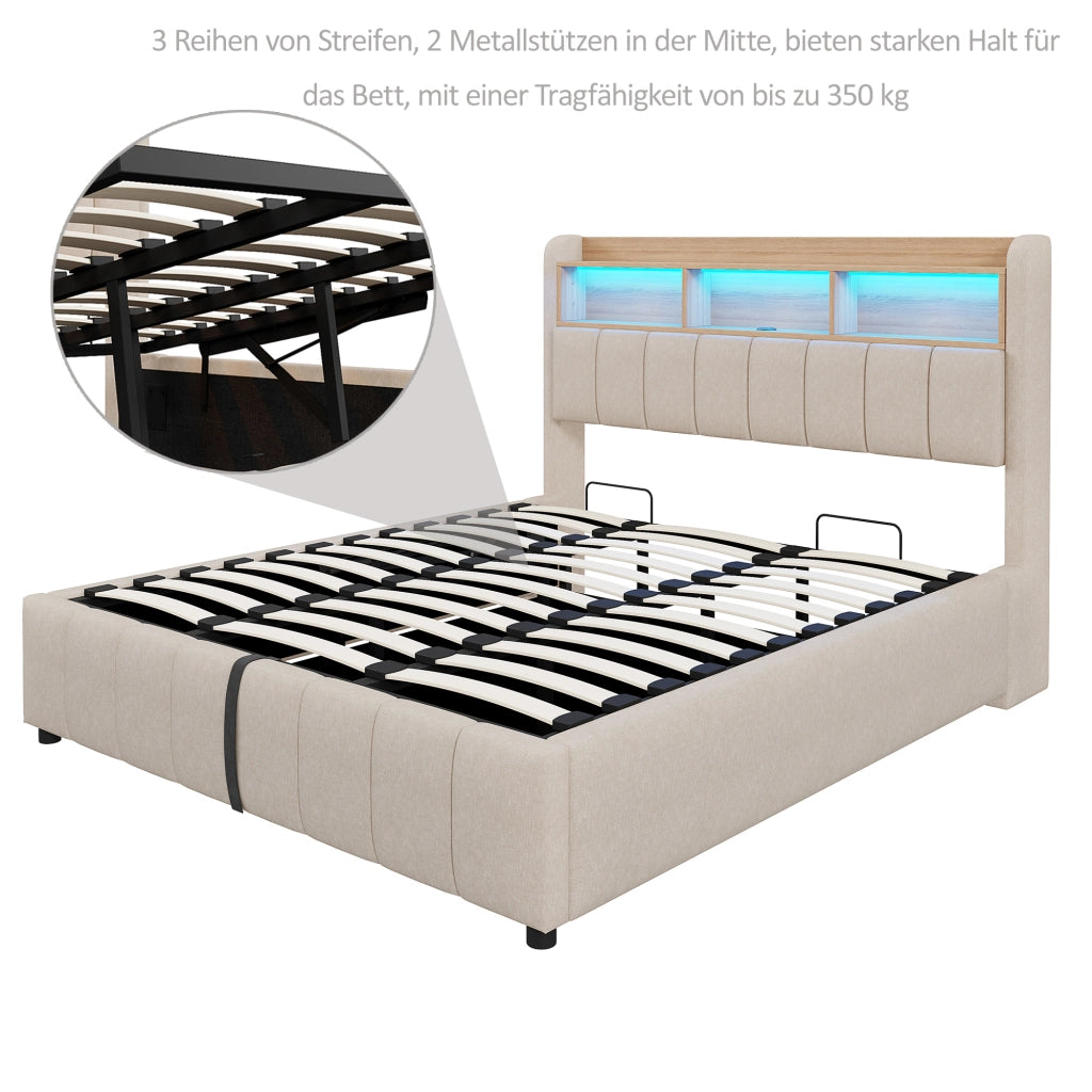 OKWISH Letto Contenitore 180×200 cm, Letto Matrimoniale con LED Regolabile, USB, Tipo C e Mensole, senza Materasso, in Tessuto Beige