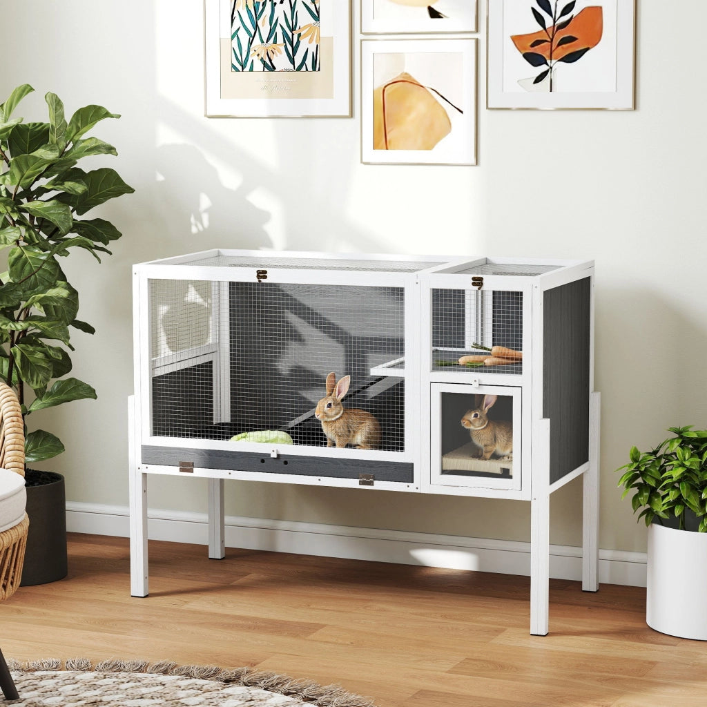 Gabbia per Conigli e Criceti da Interno 120x53x93 cm Rialzata con Vassoio Estraibile e Tetto Apribile in Legno Grigio