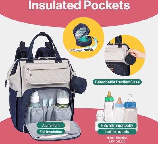Borsa da viaggio, grande borsa per neonati, borse per neonati, borsa da viaggio con cuscino di abbigliamento e cinture per passeggino e contenitore per pacifier per genitori, grigio ciottolo e blu