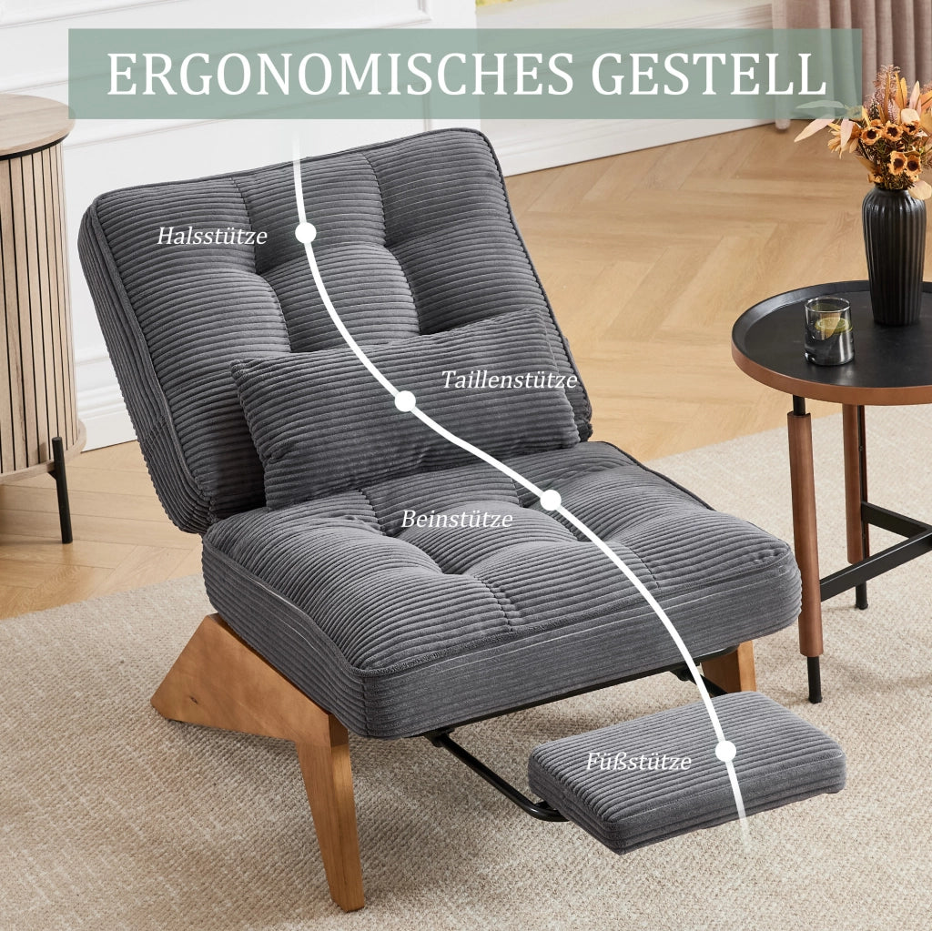 Poltrona lounge reclinabile con schienale regolabile; cuscino lombare; 127x73x90 cm; grigio scuro in corduroy