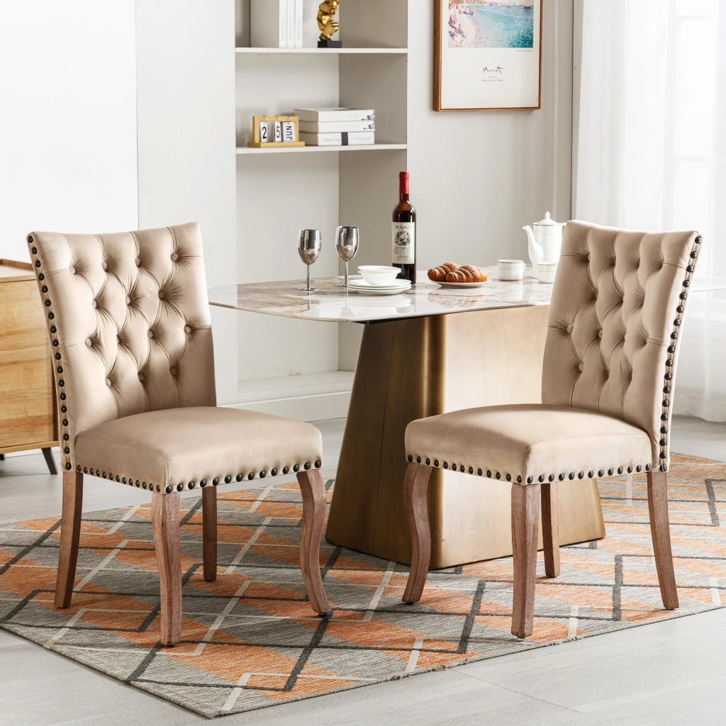Sedia da Pranzo Imbottita in Velluto ¨C MINIMAL ¨C Beige Chiaro, Gambe in Legno Massello, Set 2 Pezzi