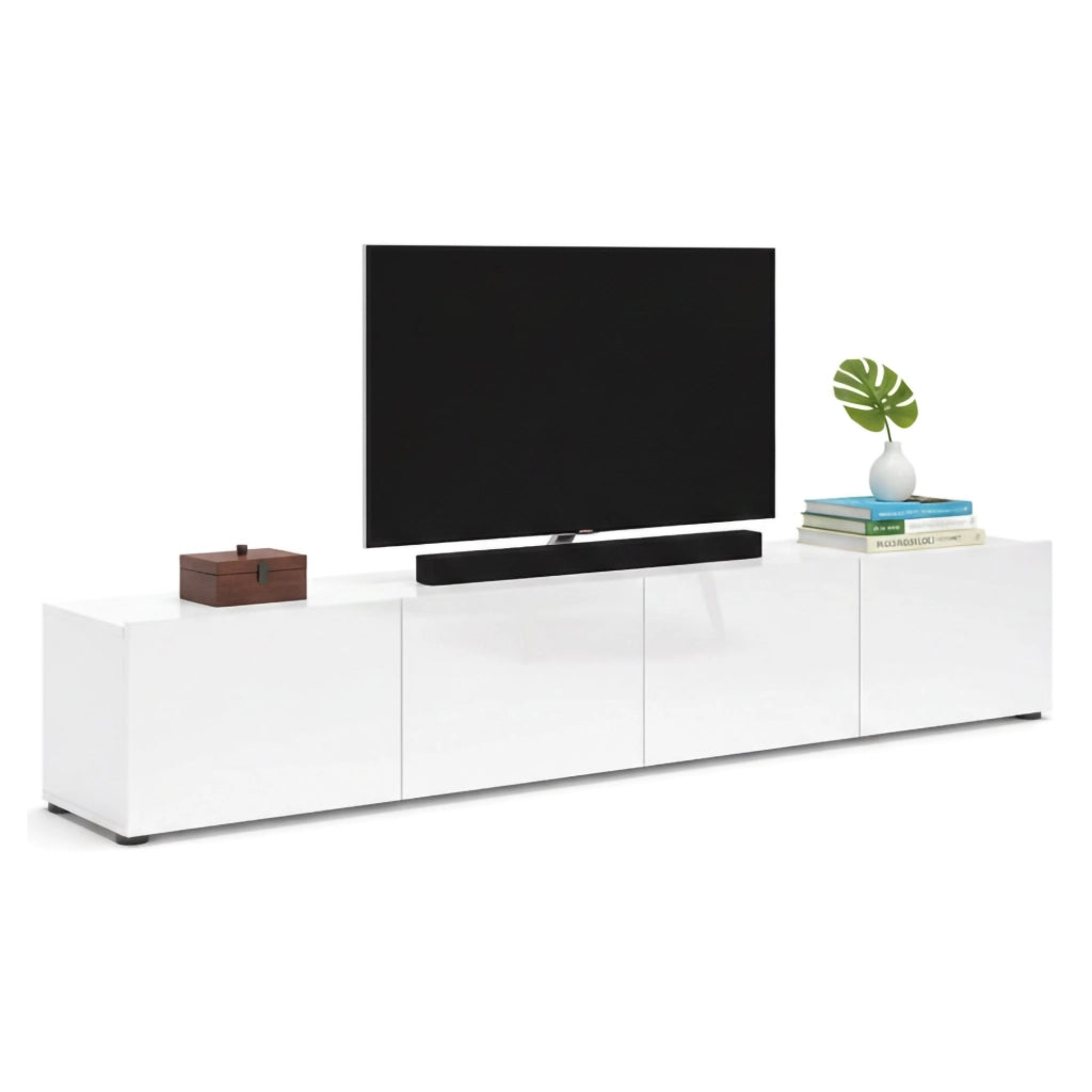 Mobile porta TV Ame, Credenza da soggiorno, Armadio basso per TV, Base parete attrezzata, Made in Italy, 225x38h39 cm, Bianco lucido