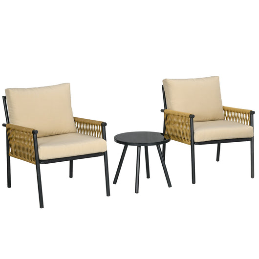 Set Tavolino e 2 Poltroncine con Cuscini da Giardino in Rattan PE Acciaio e Poliestere Beige