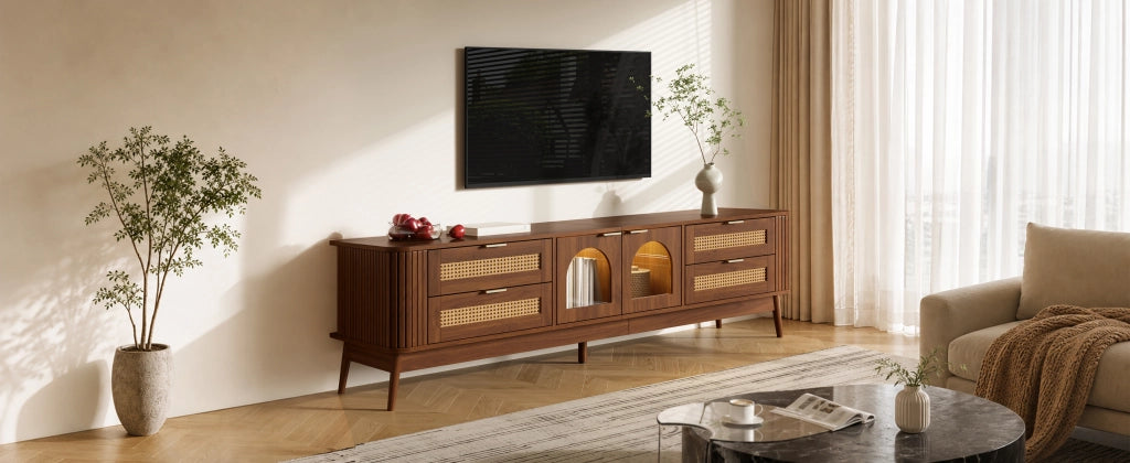 Mobile porta TV con 4 cassetti, 2 ante in vetro curvo, LED con app, per soggiorno, noce, 180 × 40 × 50 cm