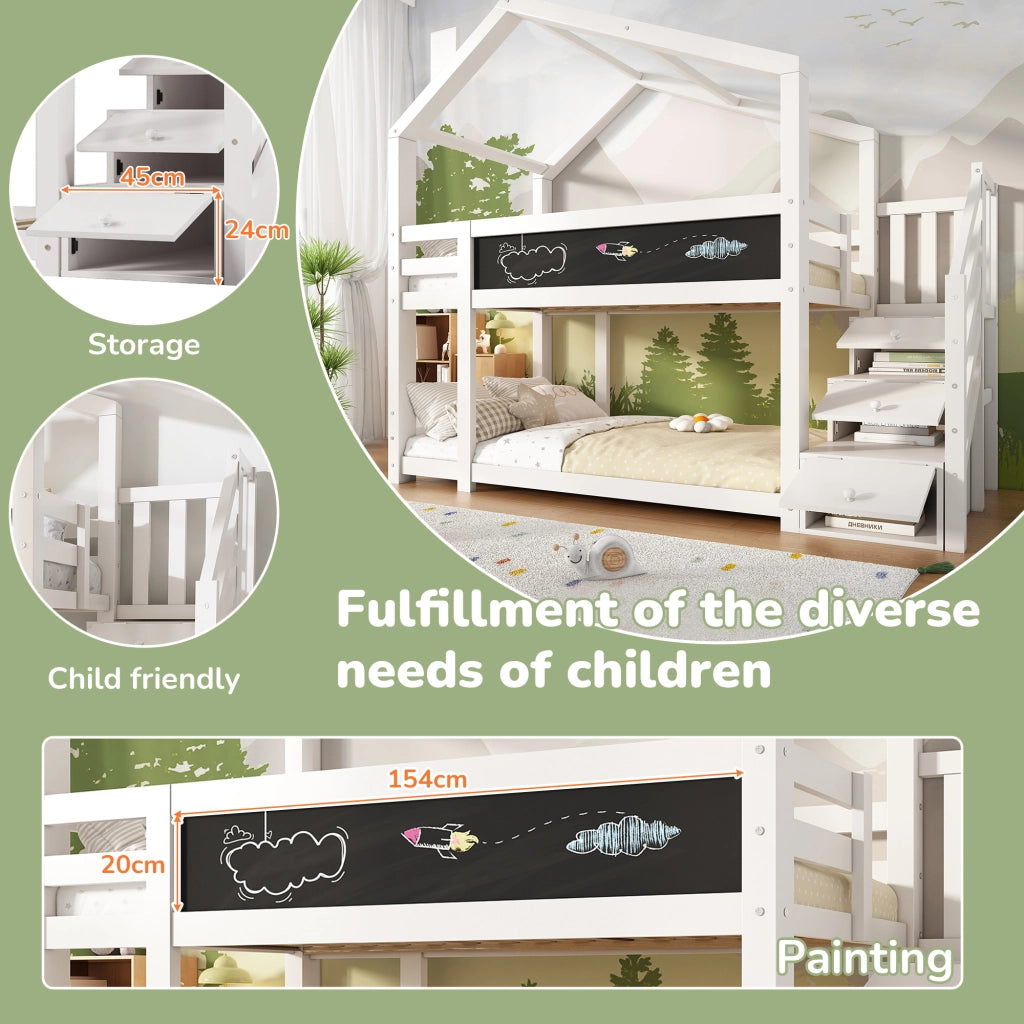 DESMIU Letto a castello per bambini 90 × 200 cm con lavagna, cassetti contenitore e senza materasso, bianco