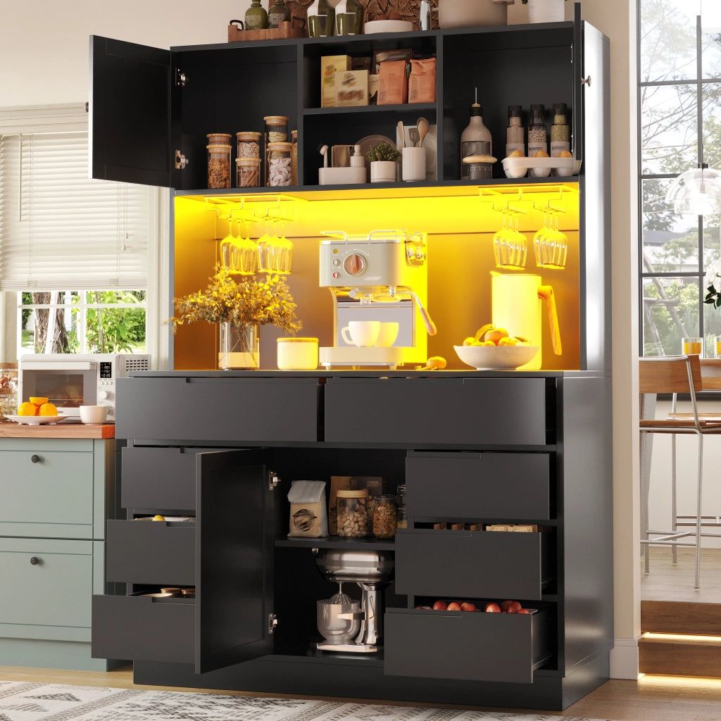 ARMADIO CUCINA 120x40x183,5 cm MDF Nero 8 cassetti con LED